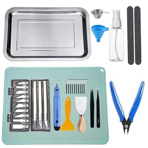 36PCS DLP SLA LCD 3D Printer Accessories Tools Kit，Including Cleaning Silicone pad and Stainless Steel Tray, Maintenance Tool Knife, Tweezers, Funnel, Scissors, Trimming Knife, and Grinding Tools
