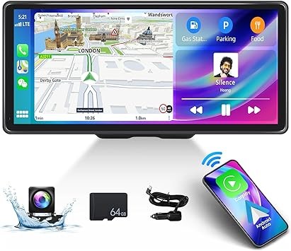 CAMECHO 10.36 Inch Portable Car Stereo Full HD Touchscreen CarPlay Screen with Wireless CarPlay Android Auto Bluetooth Hands-Free Backup Camera 64G Card Support Mirror Link, FM, GPS, Aux Input