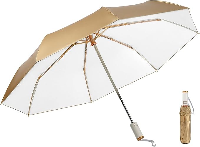 LCY Automatic Anti-UV Folding Golden Parasol Umbrella Small Lightweight Compact Sun & Rain Umbrella
